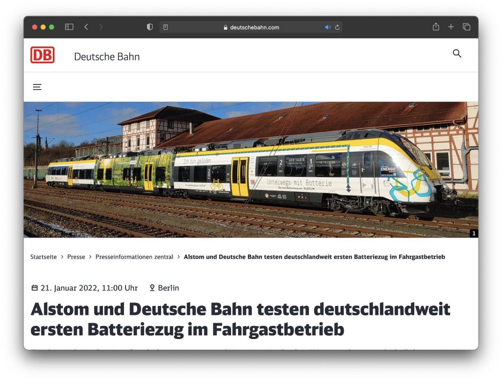 Foto: Batteriezug Deutsche Bahn / Screenshot Greentech Live