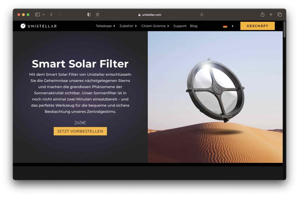 Smart Solar Filter Greentech Unistellar Sternenbeobachtung