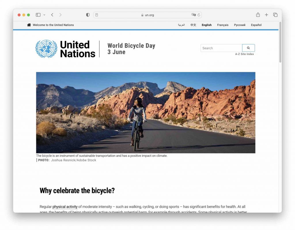 UN Welt Fahrrad Tag Int. Bike Day. Foto: Greentech.LIVE Screenshot