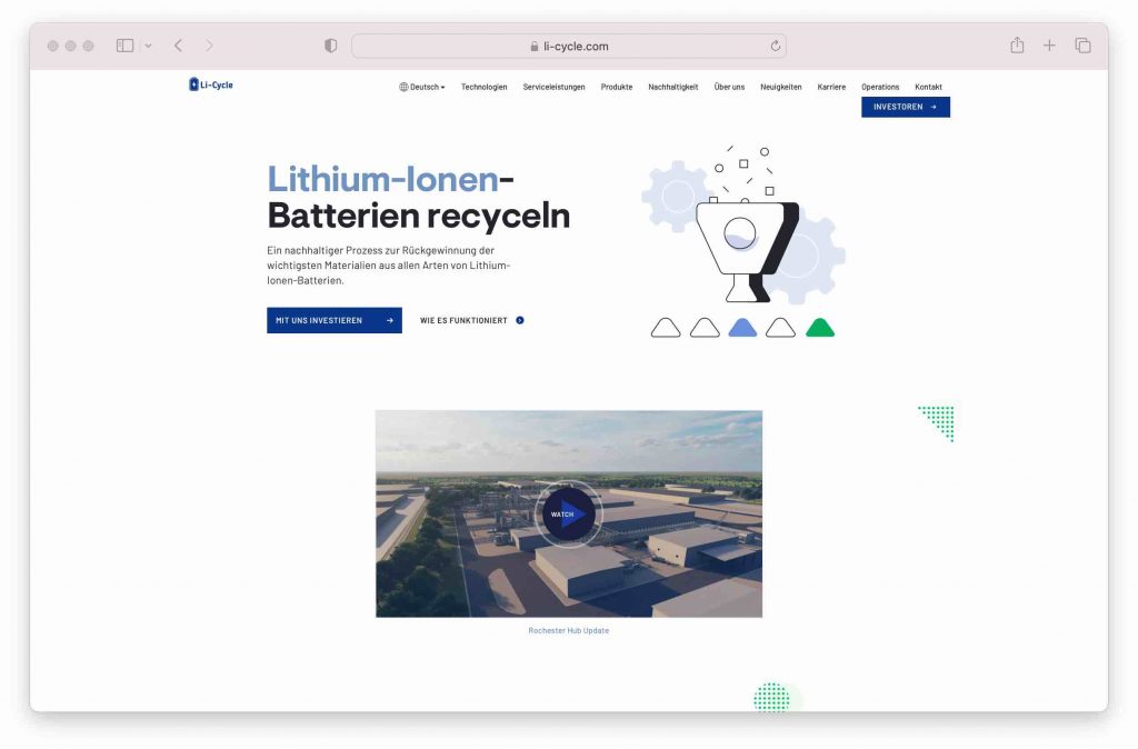 Greentech Recycling Li-Cycle startet größte Recycling-Anlagen Lithium-Ionen-Akkus in EU