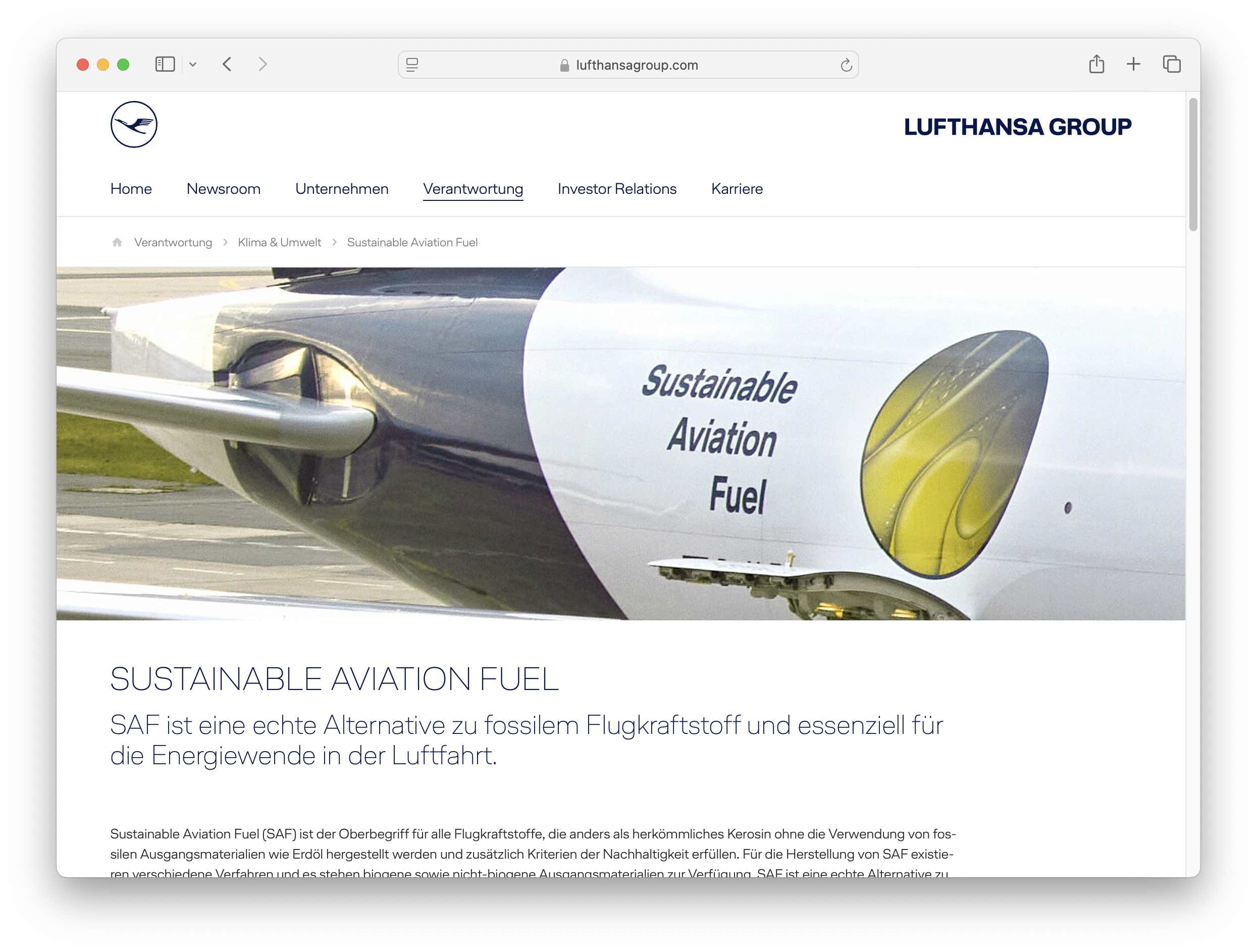 Greentech Flugzeug SAF Lufthansa saf sustainable aviation fuel